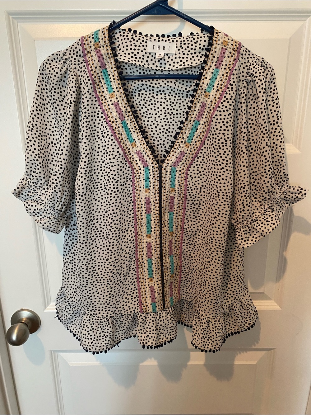 THML Cream Polka Dot V-Neck Embroidered Peasant Blouse